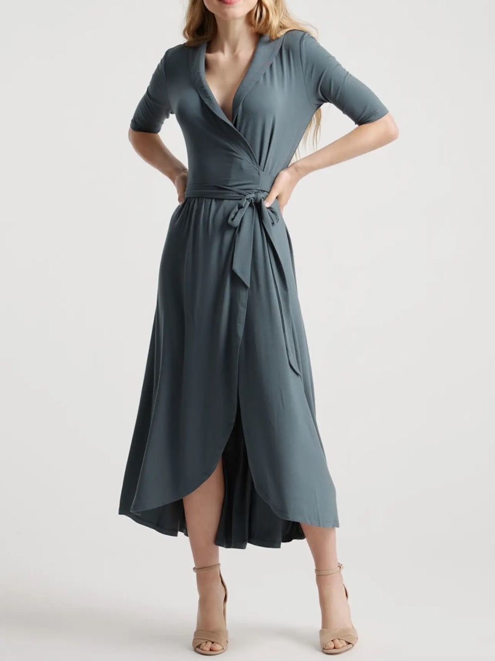NWT Quince 2X Tencel Jersey Dark Olive Green Belted Midi Wrap Dress